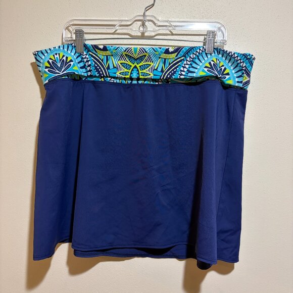 Title Nine Navy Blue Foldover Patterned Waist Waistband Splash Swim Skirt - Picture 2 of 5